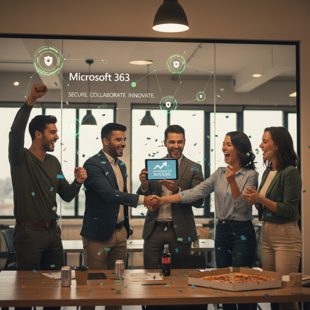 A business team celebrating a successful cloud migration project, with a focus on the secure and collaborative environment enabled by Microsoft 365 and Microsoft Defender, conveying a sense of accomplishment and future-readiness.