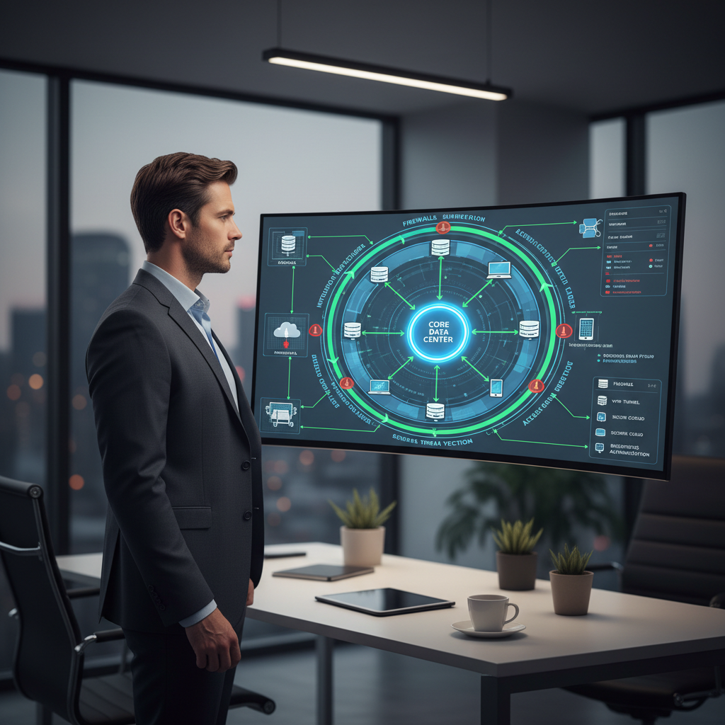 Business professional reviewing a network diagram on a large monitor in a modern office, focusing on security protocols and data flow.
