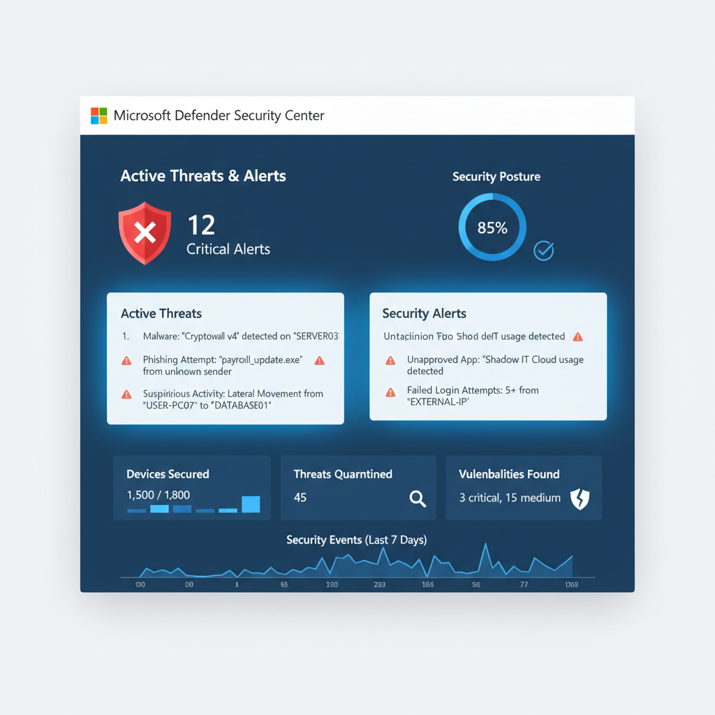 Screenshot of the Microsoft Defender dashboard, highlighting active threats and security alerts within a business network.