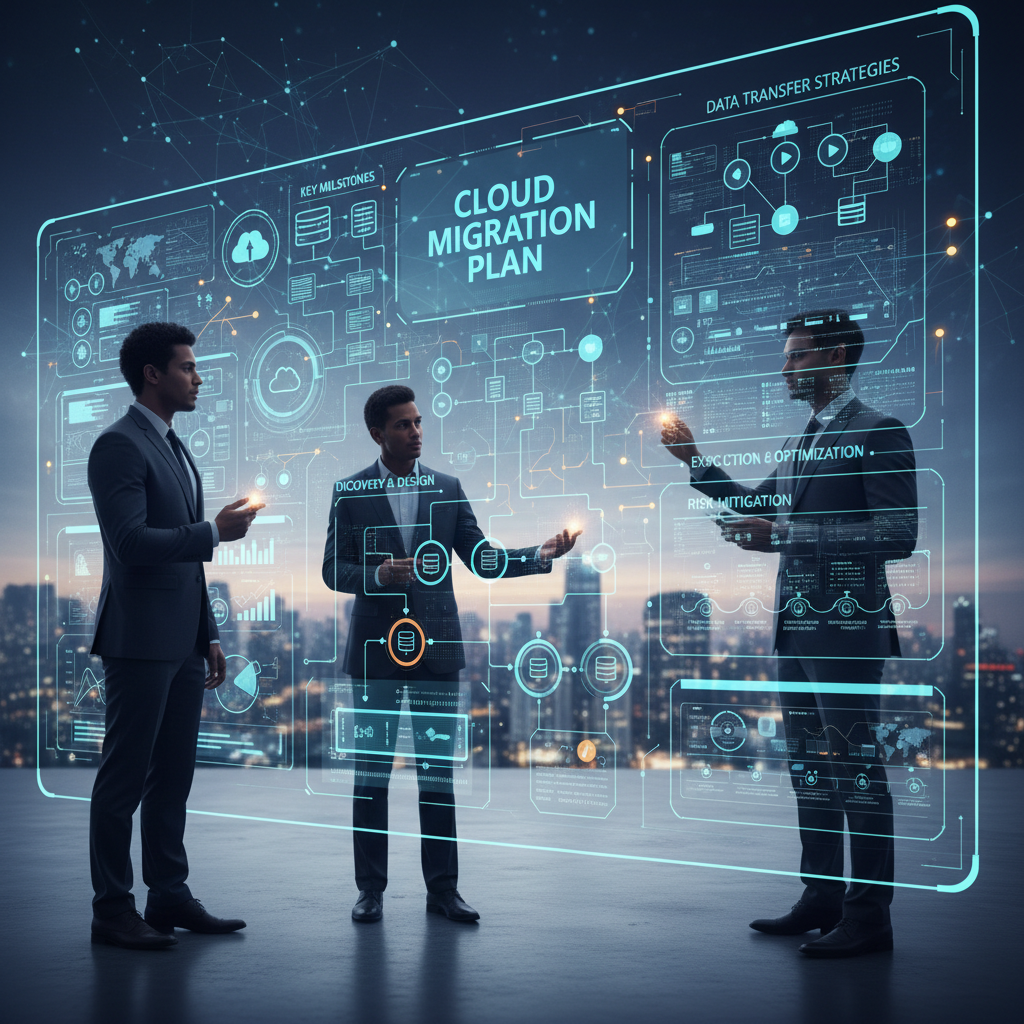 Office workers collaborating on a cloud migration plan using a digital whiteboard, highlighting key milestones and data transfer strategies.