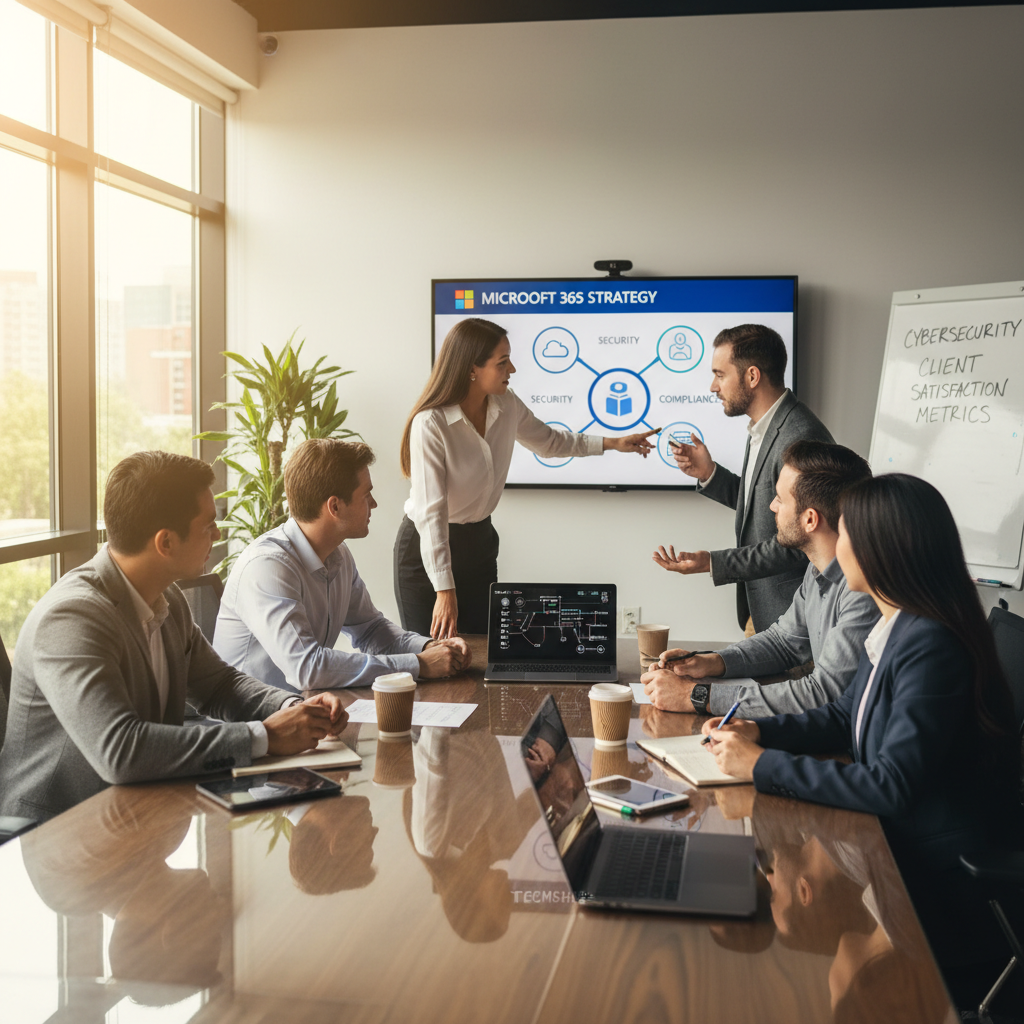 A diverse team of IT professionals collaborating around a table, discussing Microsoft 365 strategy and cybersecurity measures, with a focus on client satisfaction.