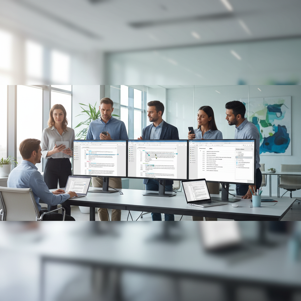 A team collaborating on a SharePoint document on multiple devices, showing real-time co-authoring and version control.