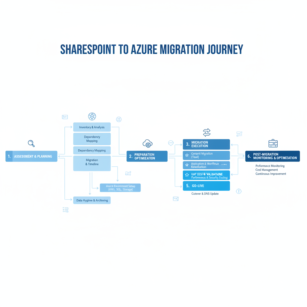 A flowchart illustrating the steps involved in migrating SharePoint to Azure, from assessment and planning to go-live and monitoring.
