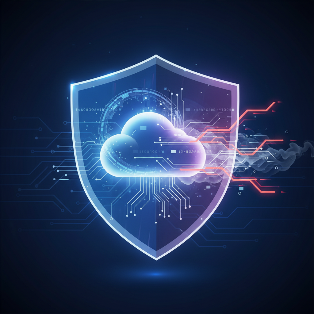 An icon representing cloud security, showing a shield protecting data flowing to and from the cloud.