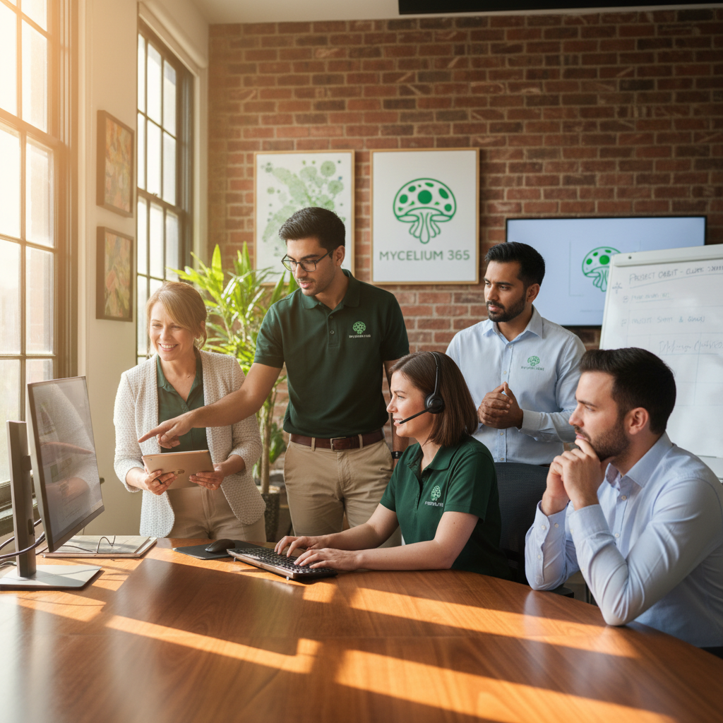 A photo of Mycelium 365's IT support team working in their Sydney office, providing expert advice and assistance to a client.