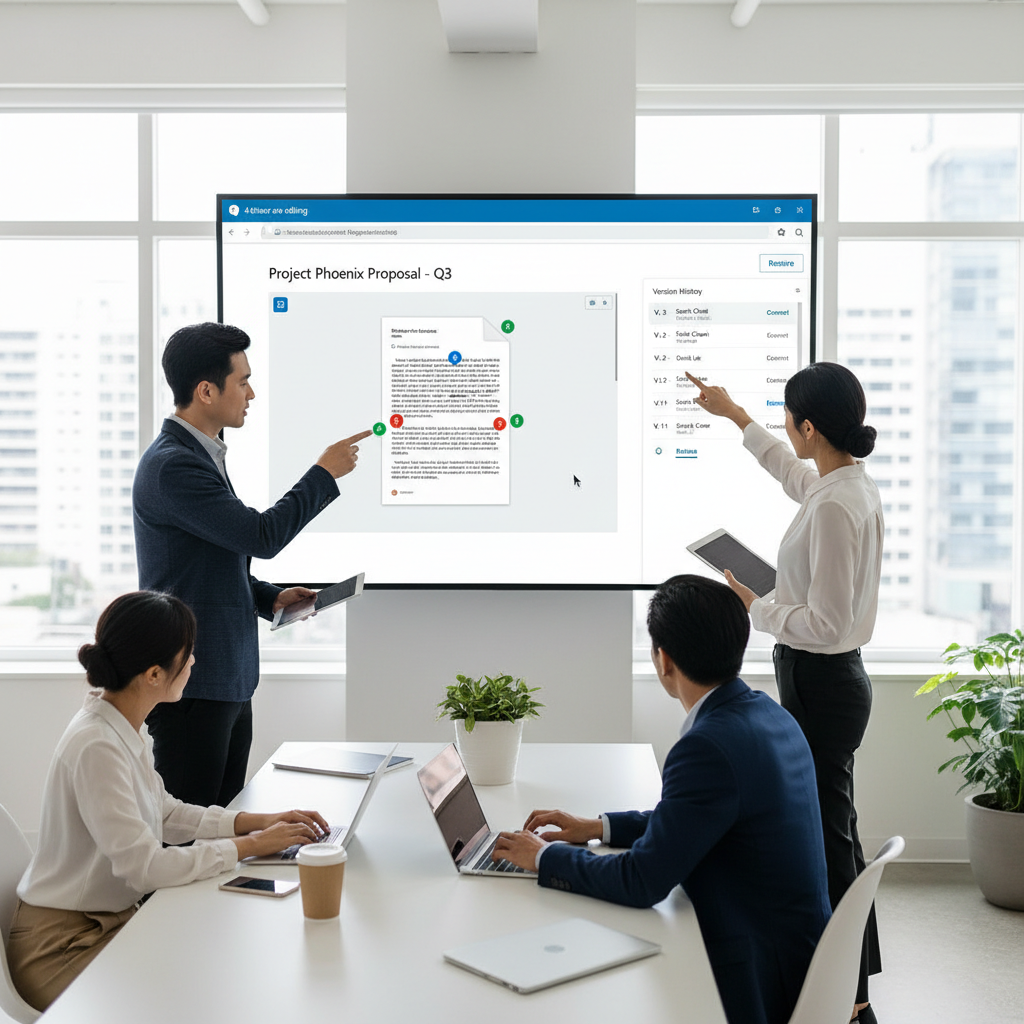 A business team collaborating seamlessly on a shared document within SharePoint, showcasing version control and real-time co-authoring capabilities. The interface is clean and modern, highlighting the accessibility and ease of use.