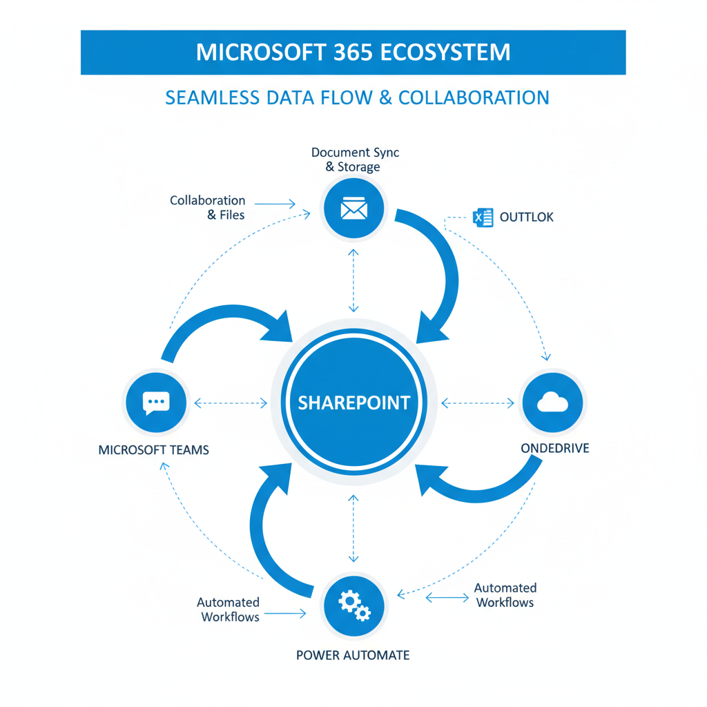 A diagram showcasing the seamless integration of SharePoint within the Microsoft 365 ecosystem, highlighting connections to other key applications like Teams, OneDrive, and Power Automate. The diagram emphasizes data flow and collaboration.