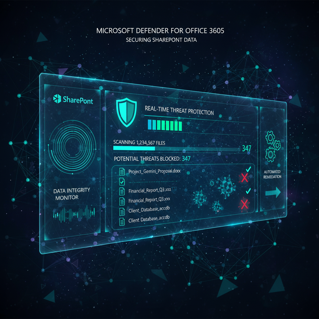 A screenshot of the Microsoft Defender for Office 365 interface, displaying real-time threat detection and protection measures implemented within a SharePoint environment. The focus is on security and data integrity.