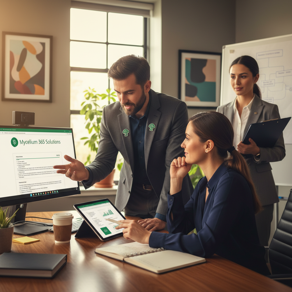 A Mycelium 365 team member providing expert IT support and consultation to a client, with a focus on SharePoint solutions and business continuity planning. The setting is a modern office environment.