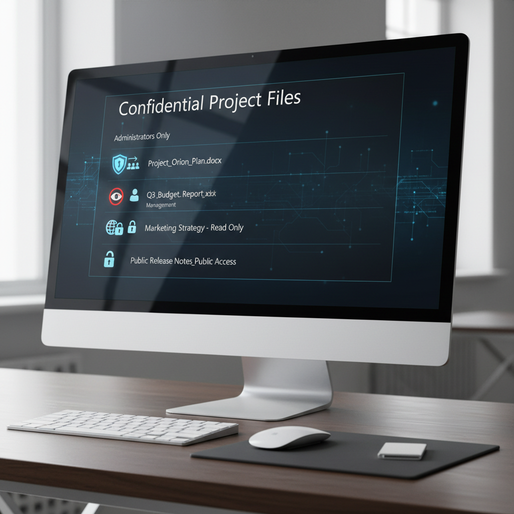 A secure SharePoint document library with various access control icons overlaid.
