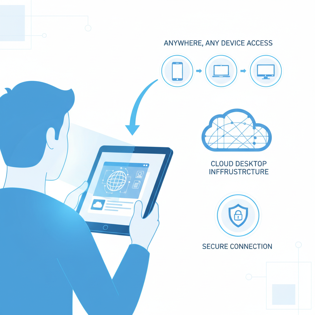 A user securely accessing a virtual desktop on a tablet, showcasing the anywhere, any device access.
