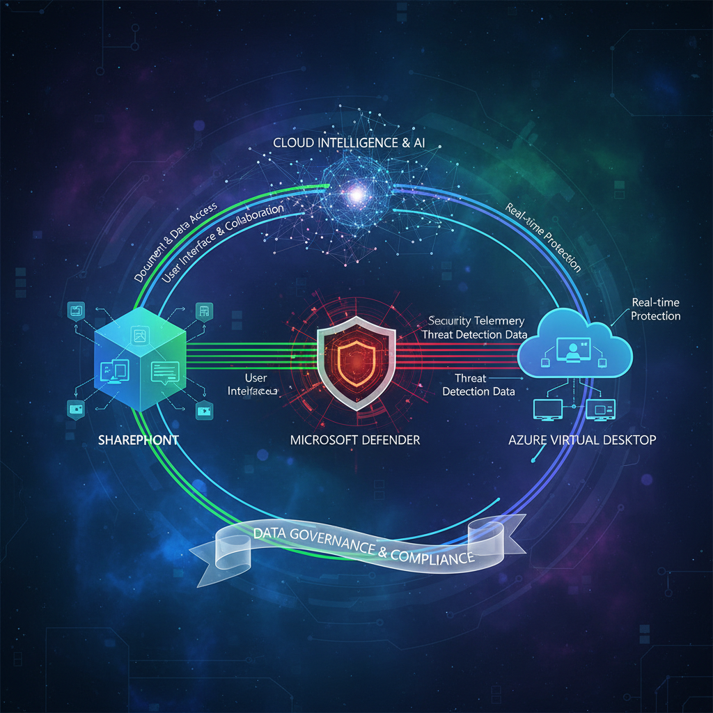 A diagram illustrating the integration of SharePoint, Microsoft Defender, and Azure Virtual Desktop, highlighting the flow of data and security measures.