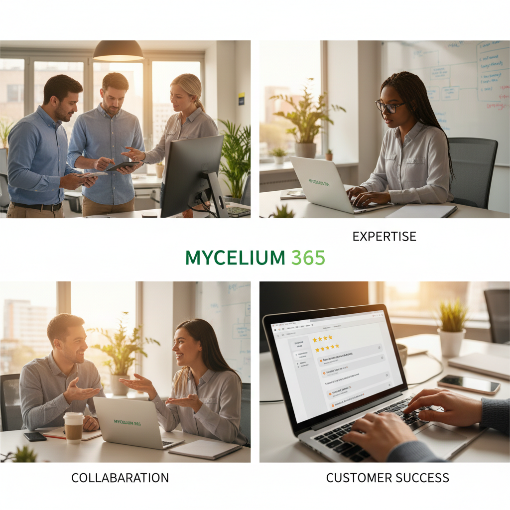 A collage of Mycelium 365 team members working on laptops and collaborating in a modern office environment, showcasing their expertise and focus on customer success.