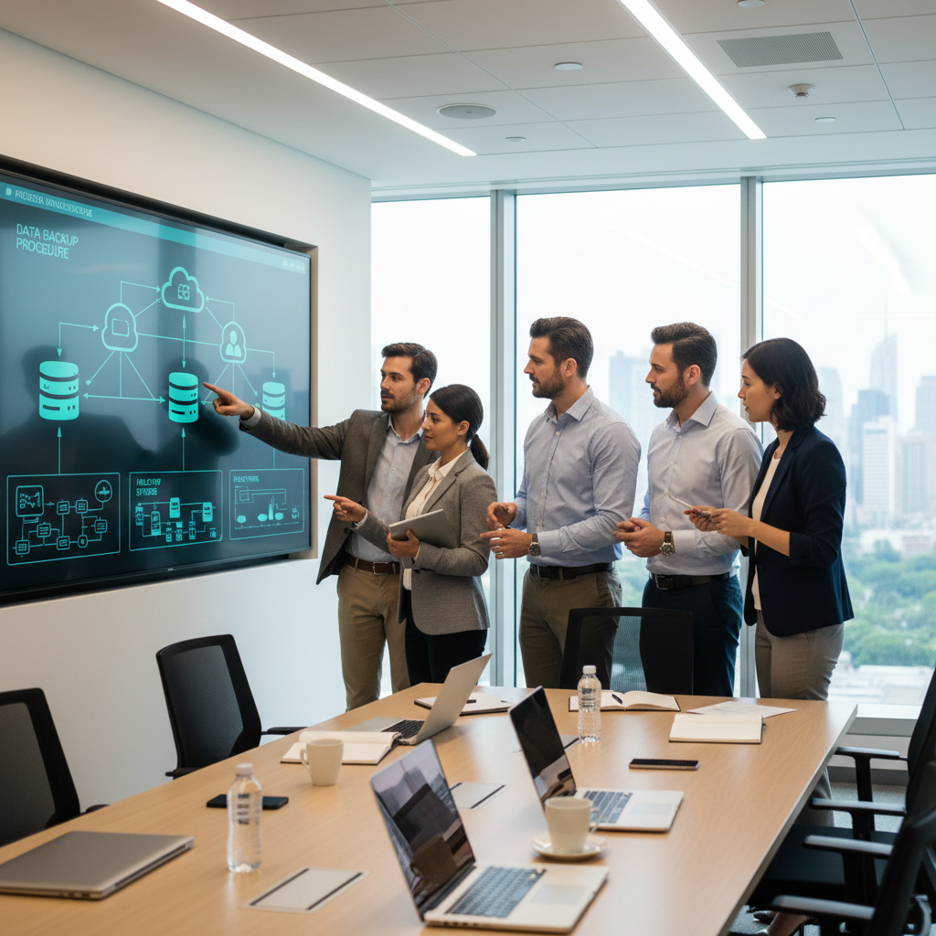 A team of IT professionals collaborating on a disaster recovery plan, reviewing network diagrams and data backup procedures in a modern office setting.