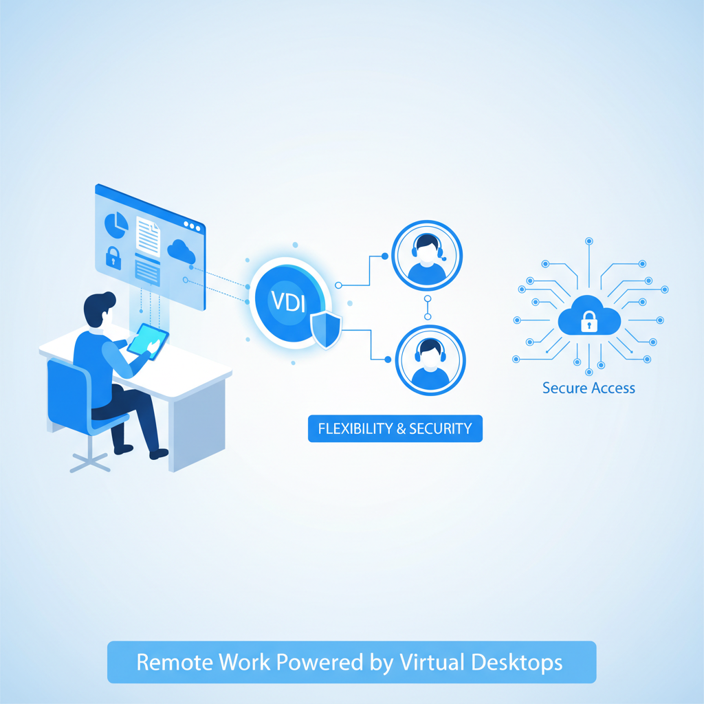 An employee working remotely on a virtual desktop, accessing business applications and collaborating with colleagues through video conferencing, highlighting the flexibility and security of VDI.