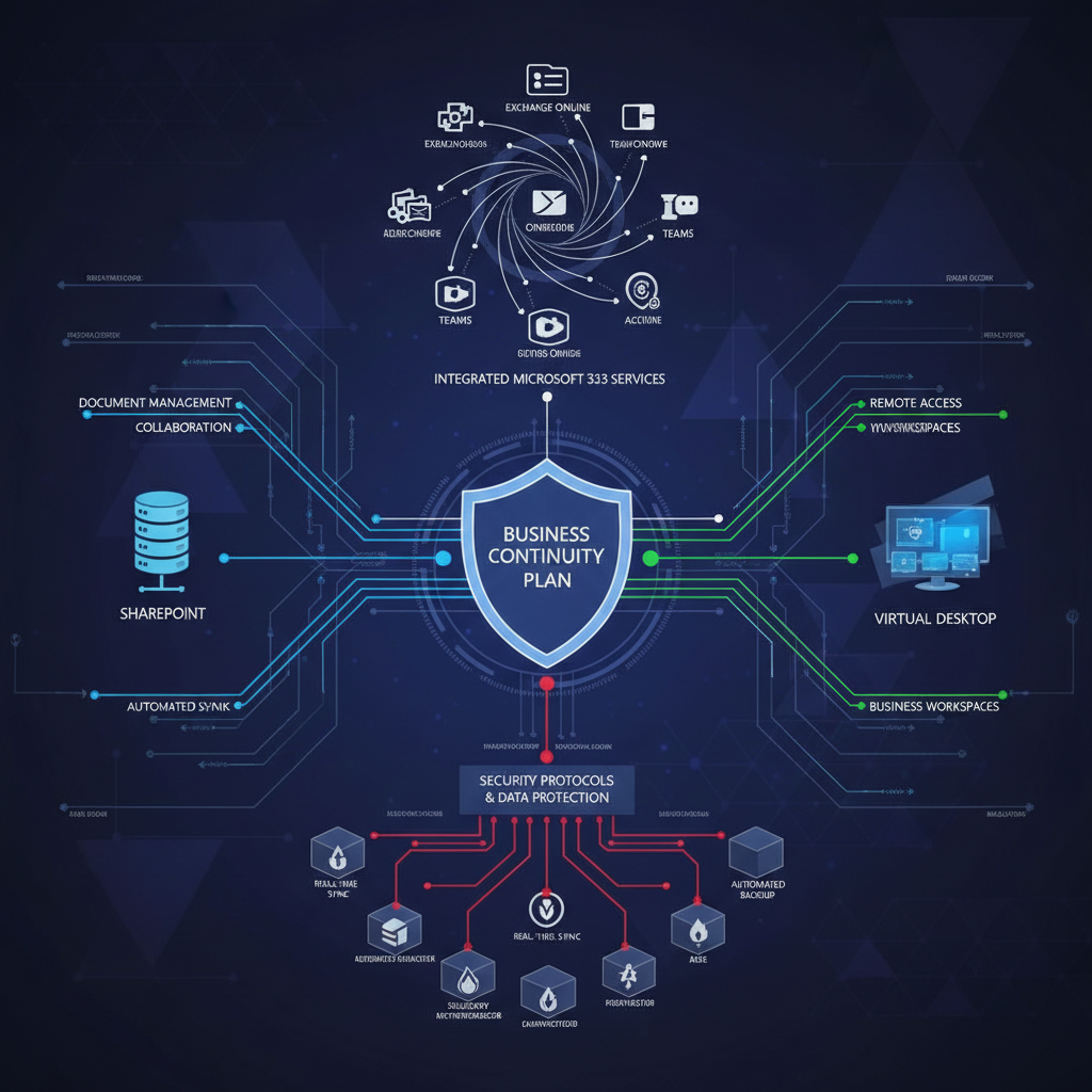 A diagram illustrating the integration of SharePoint, Virtual Desktop, and other Microsoft 365 services within a comprehensive business continuity plan, showcasing data flow and security protocols.