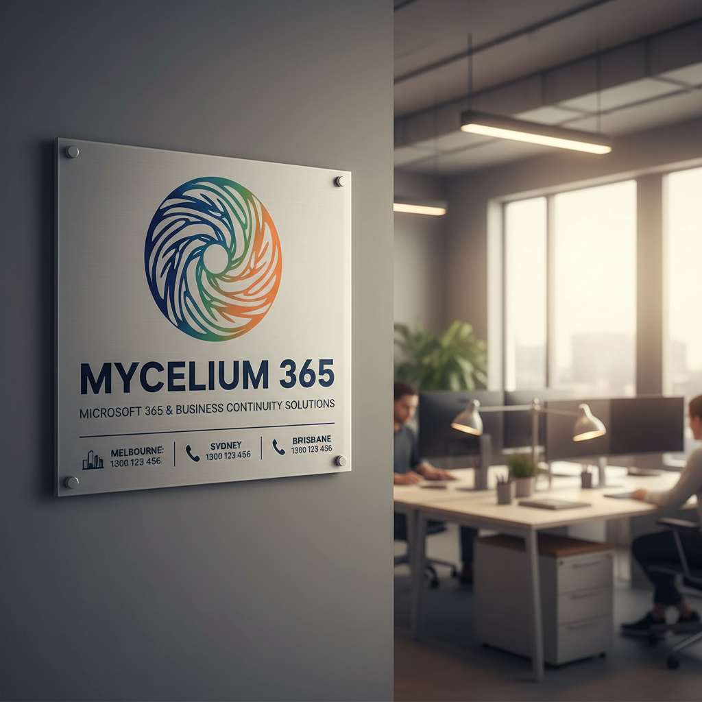 Mycelium 365 logo with contact information for Melbourne, Sydney, Perth, and Brisbane offices, emphasizing their expertise in Microsoft 365 and business continuity solutions.