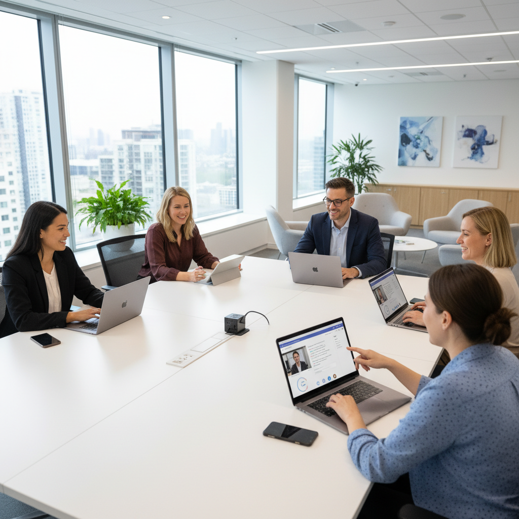 A team collaborating on a document using Microsoft Teams on various devices (laptops, tablets, and smartphones). The background shows a modern office environment.