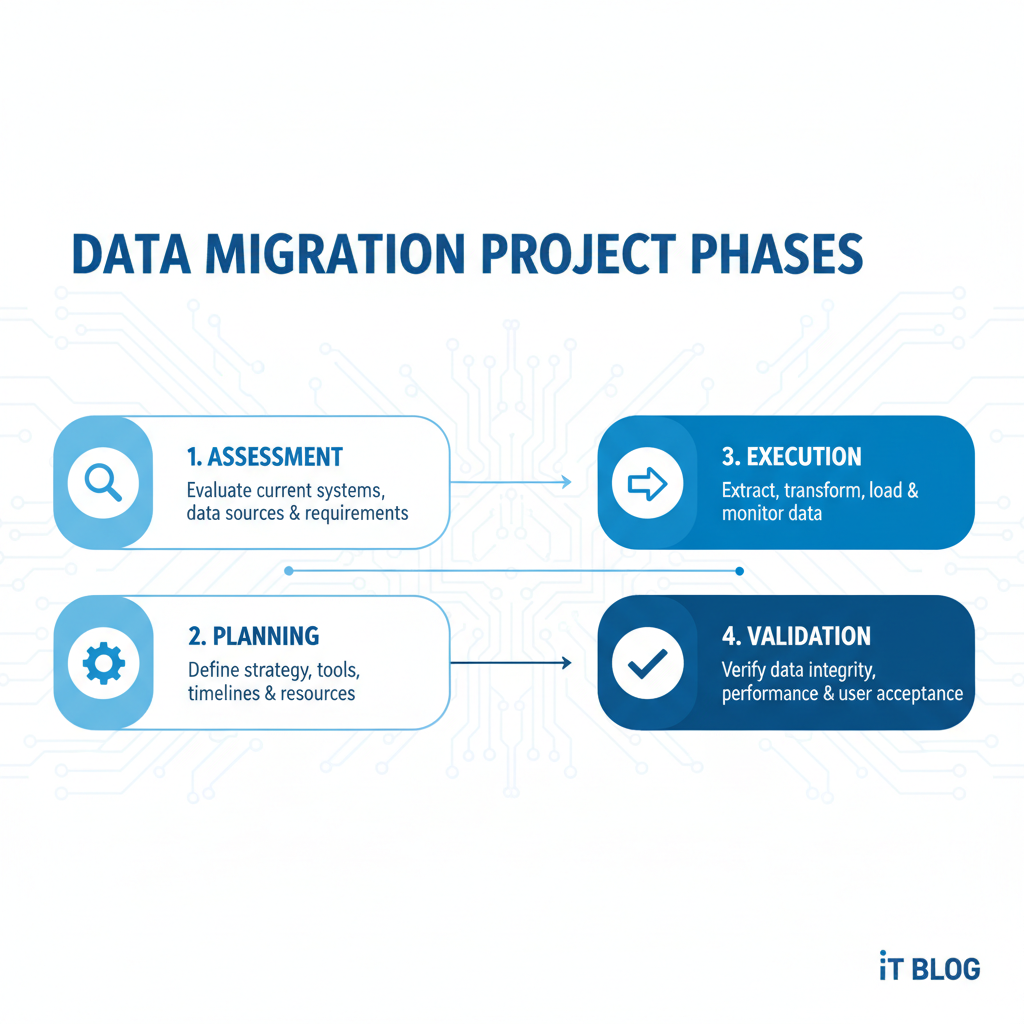 A diagram showing the different phases of a data migration project, including assessment, planning, execution, and validation.