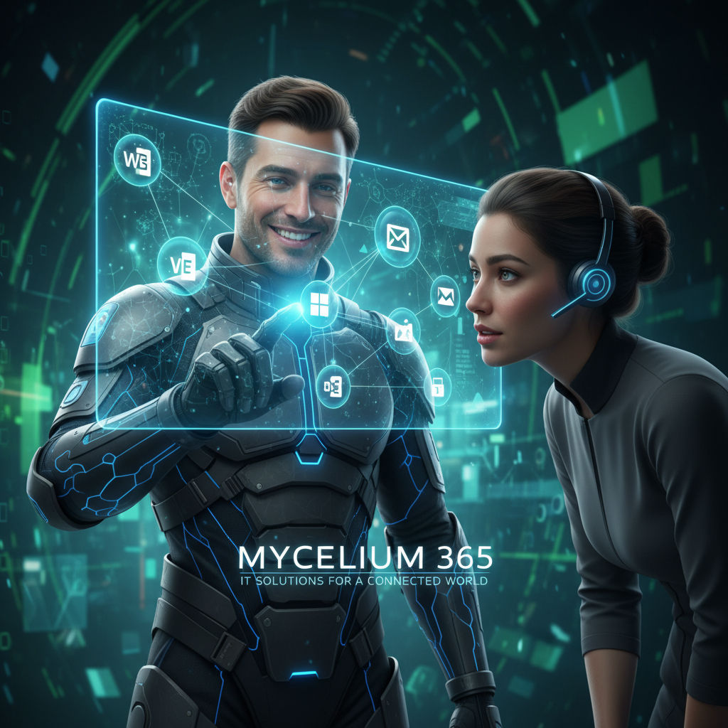 A Mycelium 365 IT support engineer assisting a client with their Microsoft 365 setup. The engineer is smiling and pointing to a screen, while the client is listening attentively.