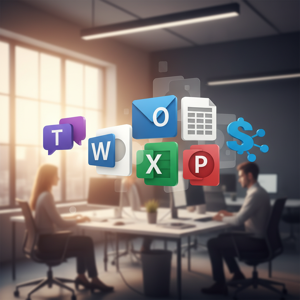 A collage of Microsoft 365 application icons, including Teams, Outlook, Word, Excel, PowerPoint, and SharePoint. The icons are arranged in a visually appealing pattern.