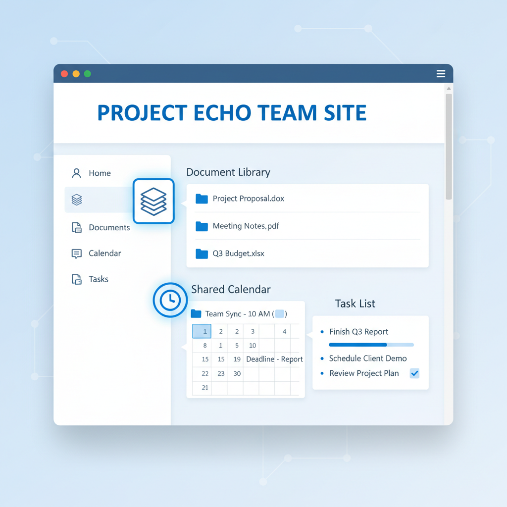 Screenshot of a SharePoint team site, highlighting document libraries, shared calendars, and task lists.