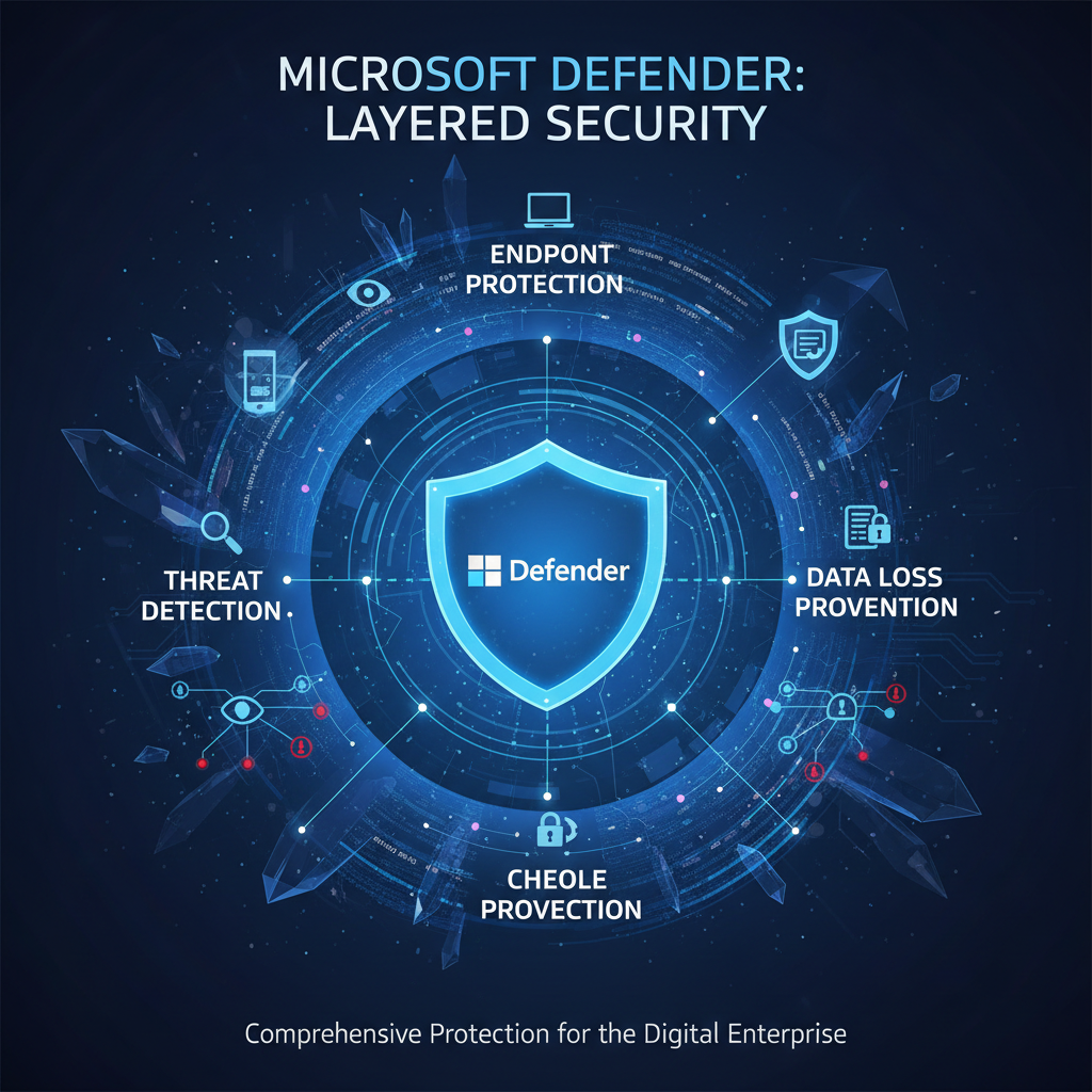 Infographic illustrating the various layers of security provided by Microsoft Defender, including threat detection, data loss prevention, and endpoint protection.