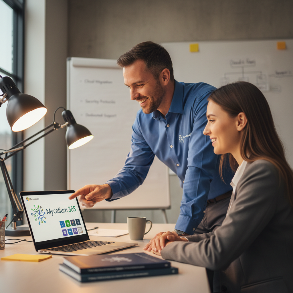 A professional IT specialist assisting a client with their Microsoft 365 setup, showcasing Mycelium 365's dedication to customer support and expert guidance.