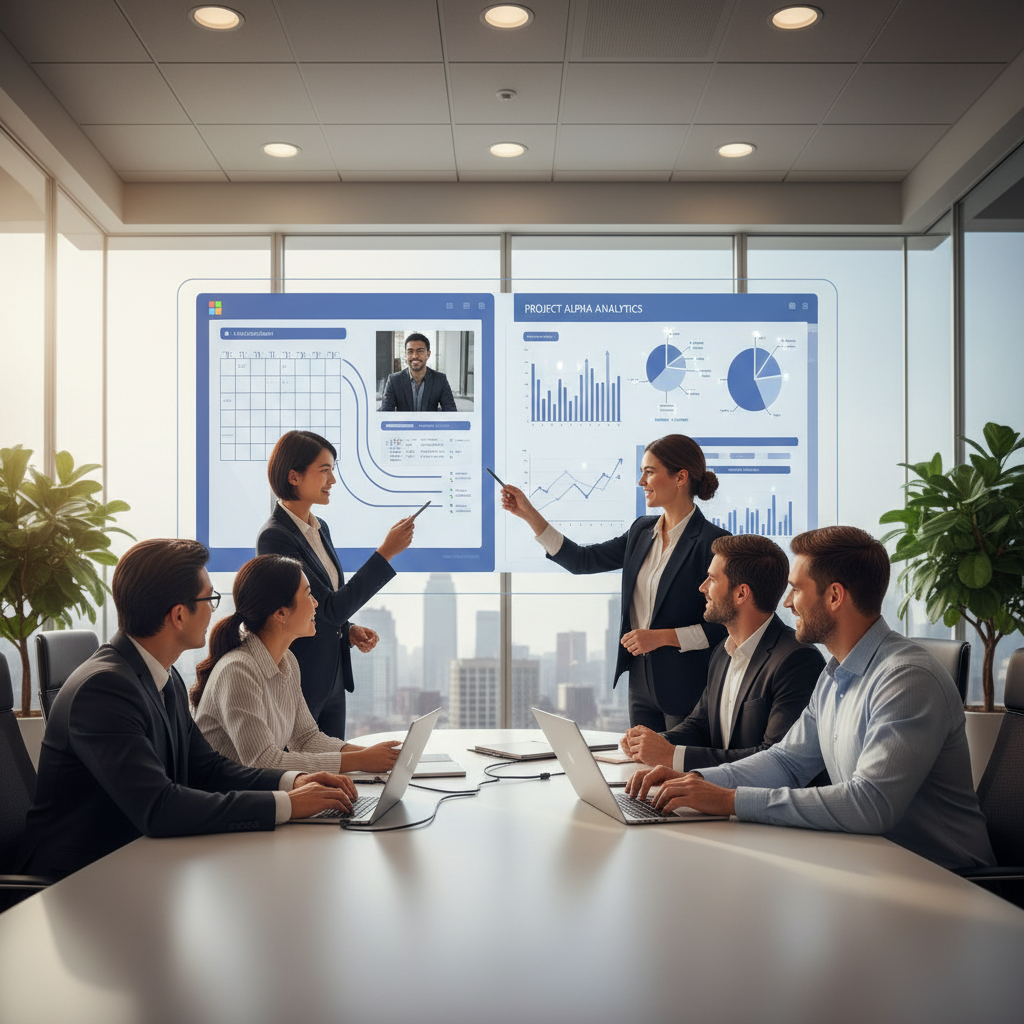 A diverse team of professionals collaborating around a large interactive screen displaying Microsoft 365 applications and data visualizations. The atmosphere is bright and modern, emphasizing teamwork and data-driven decision-making.