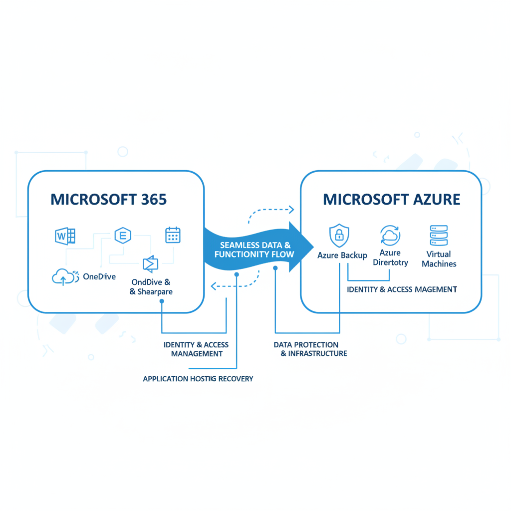 A diagram illustrating the integration between Microsoft 365 and Azure, highlighting key services such as Azure Active Directory, Azure Backup, and Azure Virtual Machines. The diagram emphasizes the seamless flow of data and functionality between the two platforms.