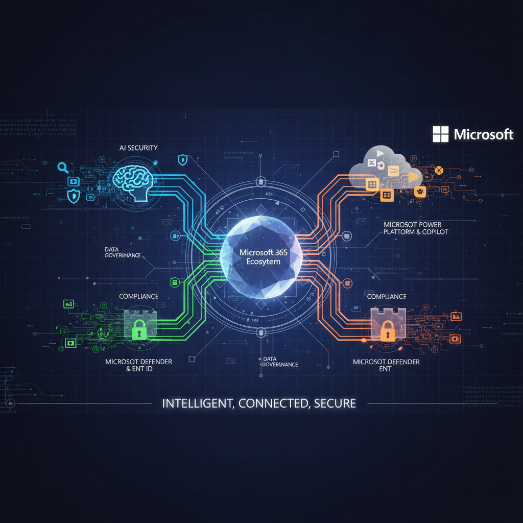 A futuristic graphic depicting the integration of AI, security, and other Microsoft services within the Microsoft 365 ecosystem. The graphic emphasizes the interconnectedness and intelligence of the platform.