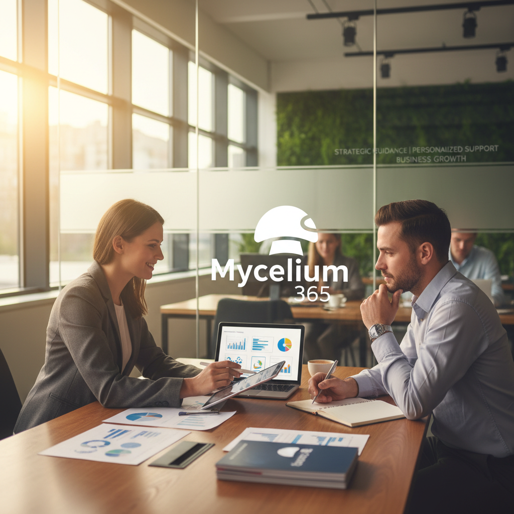A professional consultant advising a business owner in a modern office setting, highlighting the personalized support and strategic guidance provided by Mycelium 365. The atmosphere is collaborative and focused on achieving business goals.