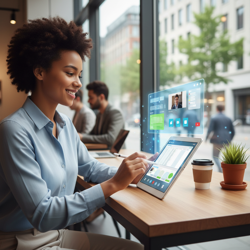 An office worker smiling as they work on a virtual desktop on a tablet while sitting in a cafe.