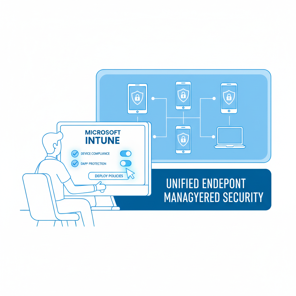 An IT administrator configuring Intune policies on their computer, with various mobile devices displayed on a screen in the background.
