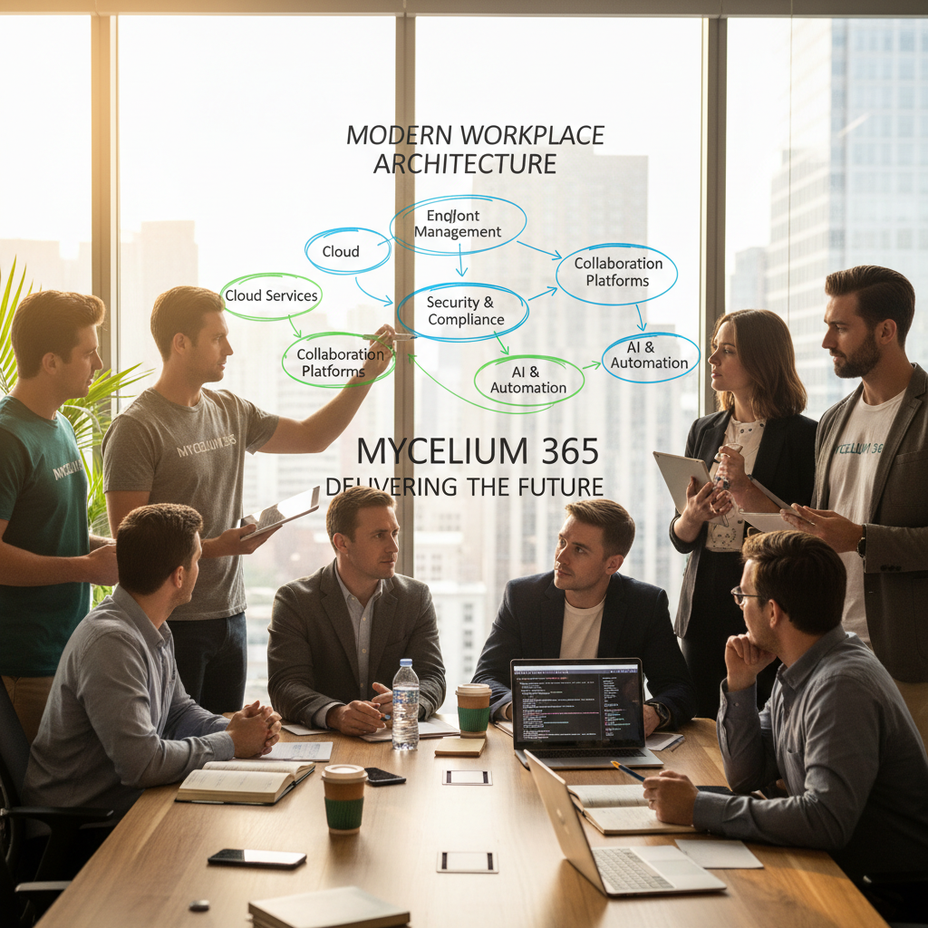 A diverse team of Mycelium 365 IT professionals collaborating on a project, with a whiteboard displaying a diagram of a modern workplace architecture.