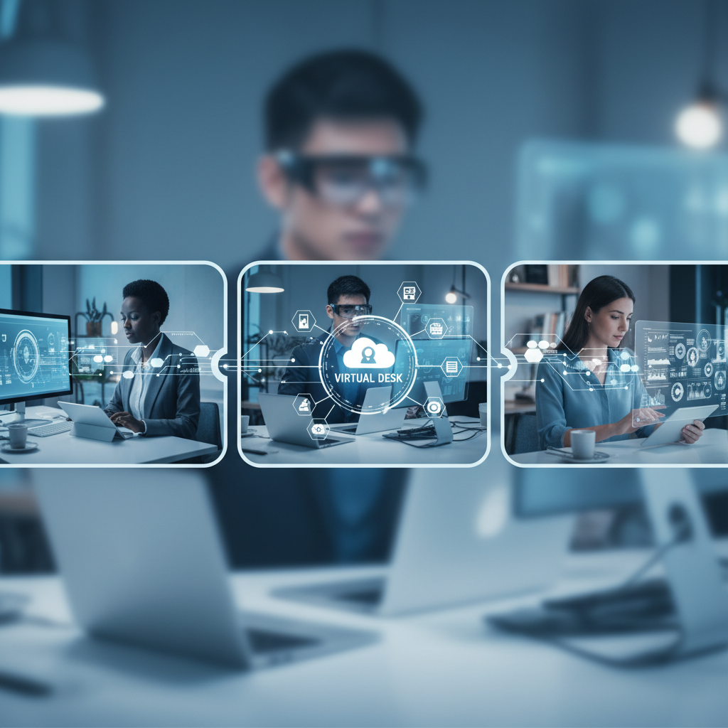 A diverse team working seamlessly from different locations using various devices, all connected to their virtual desktops.