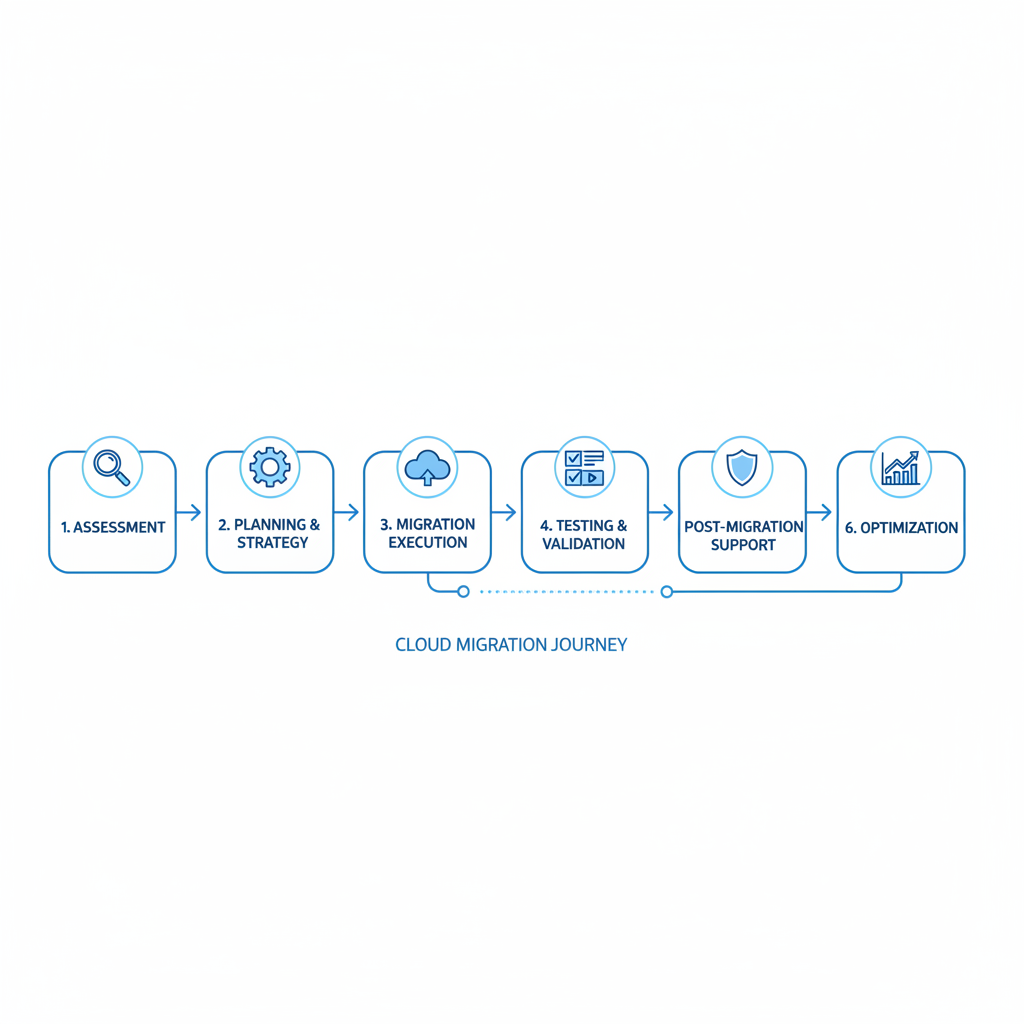 Diagram illustrating the steps involved in a cloud migration process, from assessment to optimization.