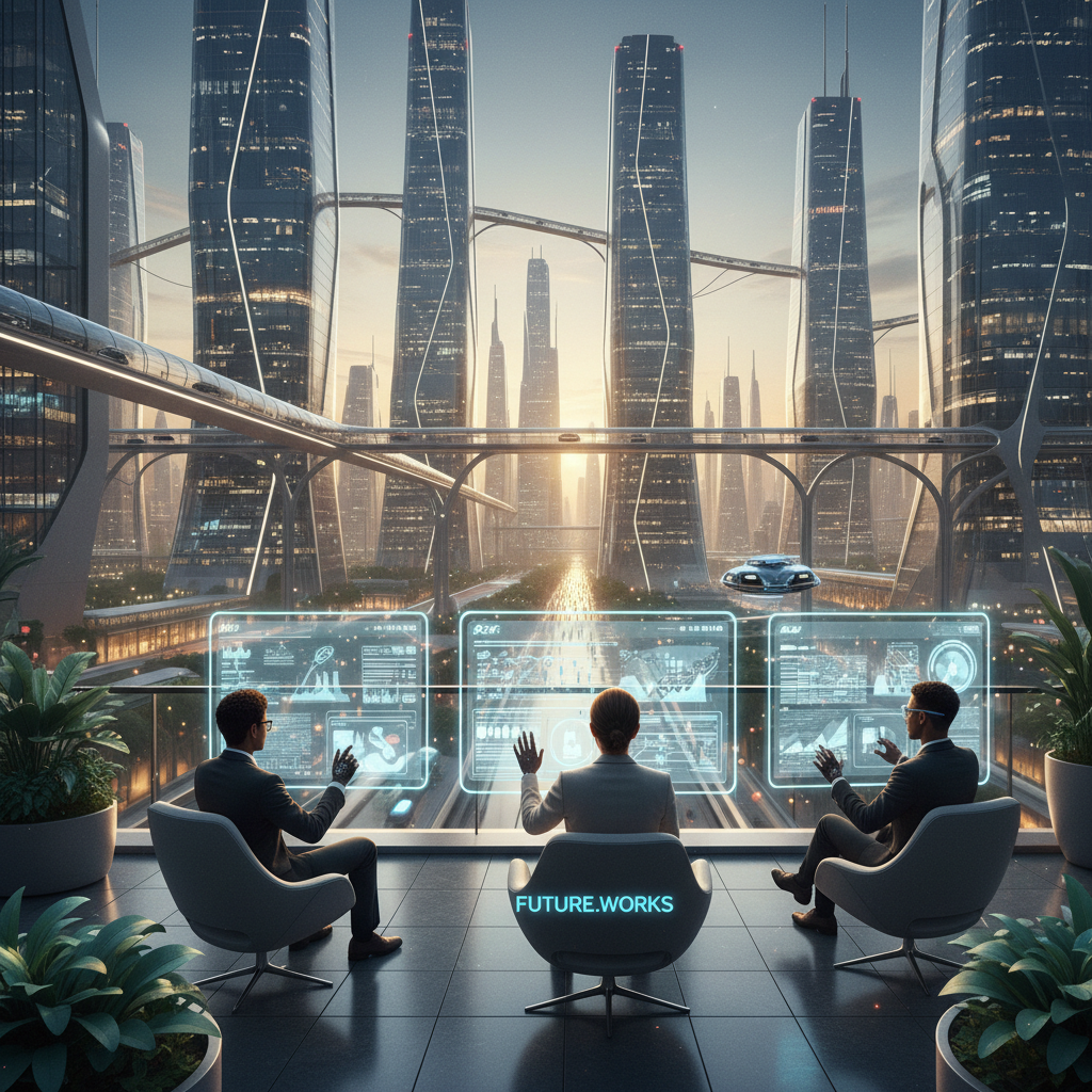 A futuristic cityscape with employees working remotely on holographic virtual desktops.