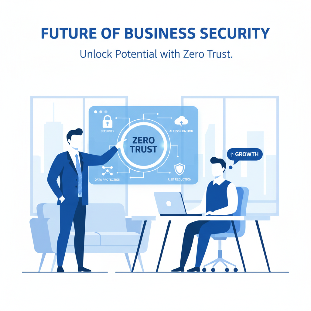 A consultant explaining the benefits of Zero Trust to a business owner in a modern office setting.