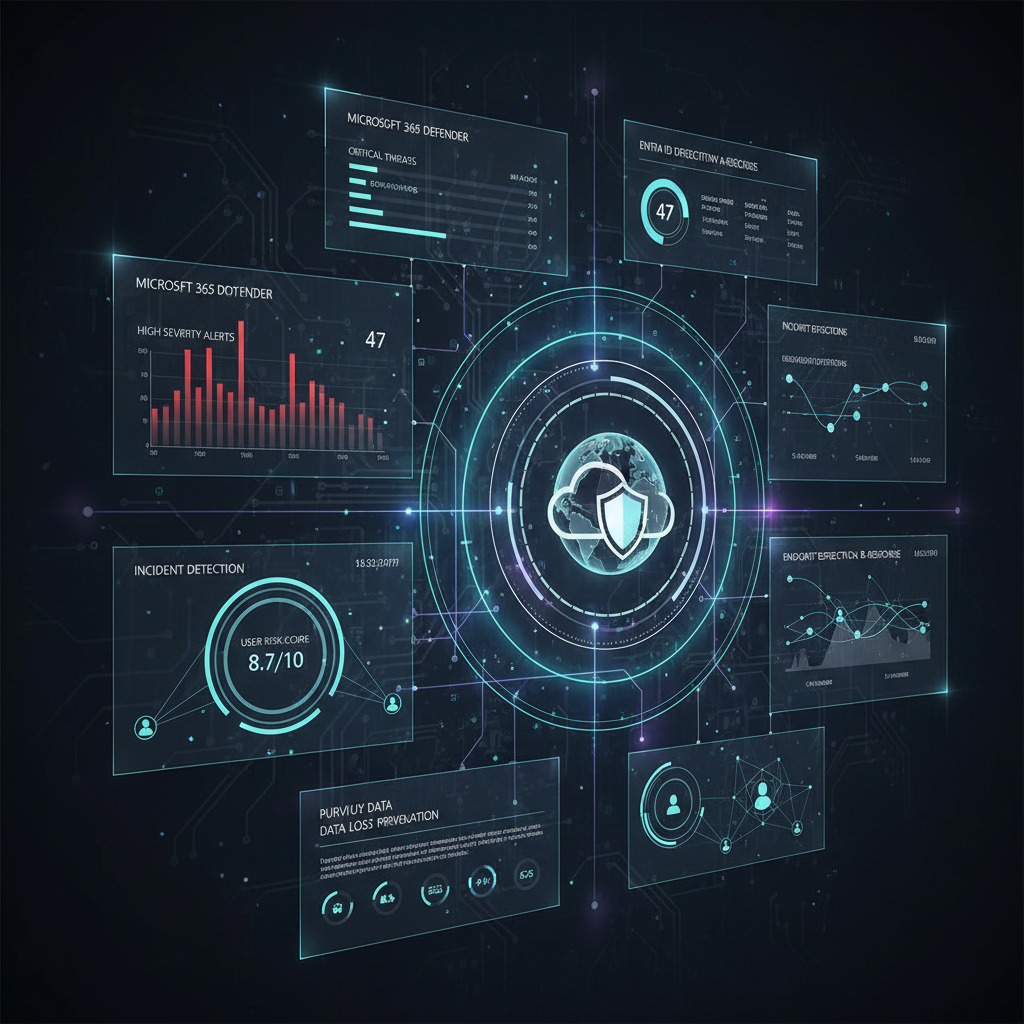 A dashboard showing real-time security alerts and threat detections within a Microsoft 365 environment.