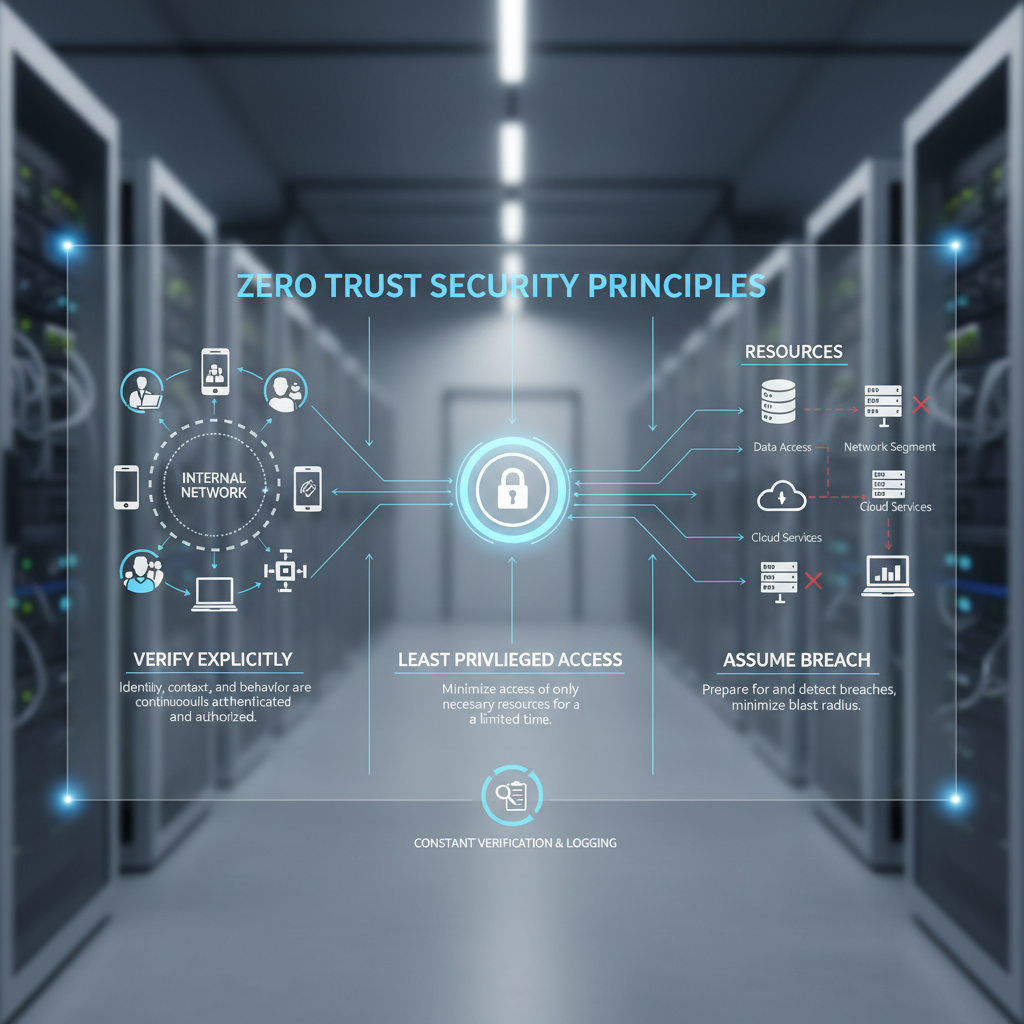 A diagram illustrating the principles of Zero Trust Security: verify explicitly, use least privileged access, and assume breach. The diagram shows users and devices, both internal and external, being constantly verified before accessing resources.