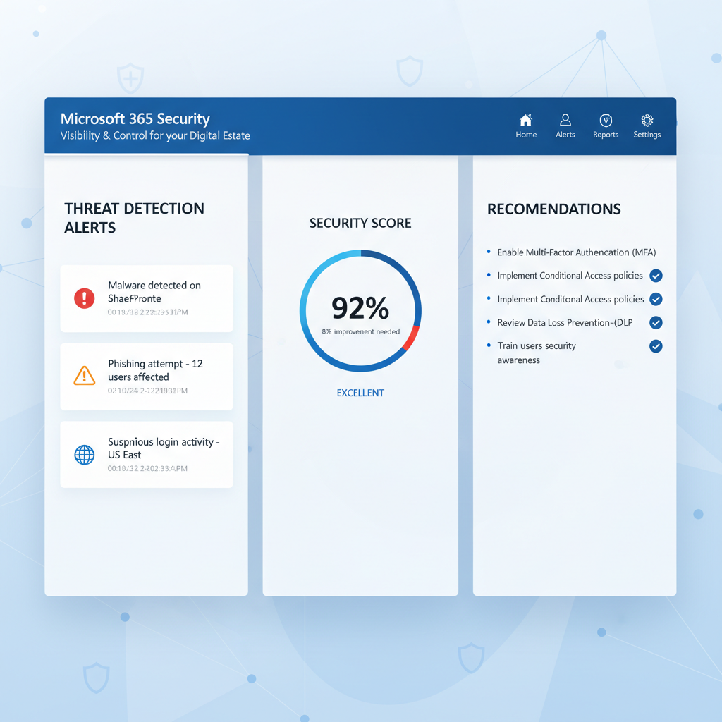 A screenshot of the Microsoft 365 security dashboard, showcasing threat detection alerts, security scores, and recommendations for improving security posture. The dashboard highlights the visibility and control offered by Microsoft 365 security tools.