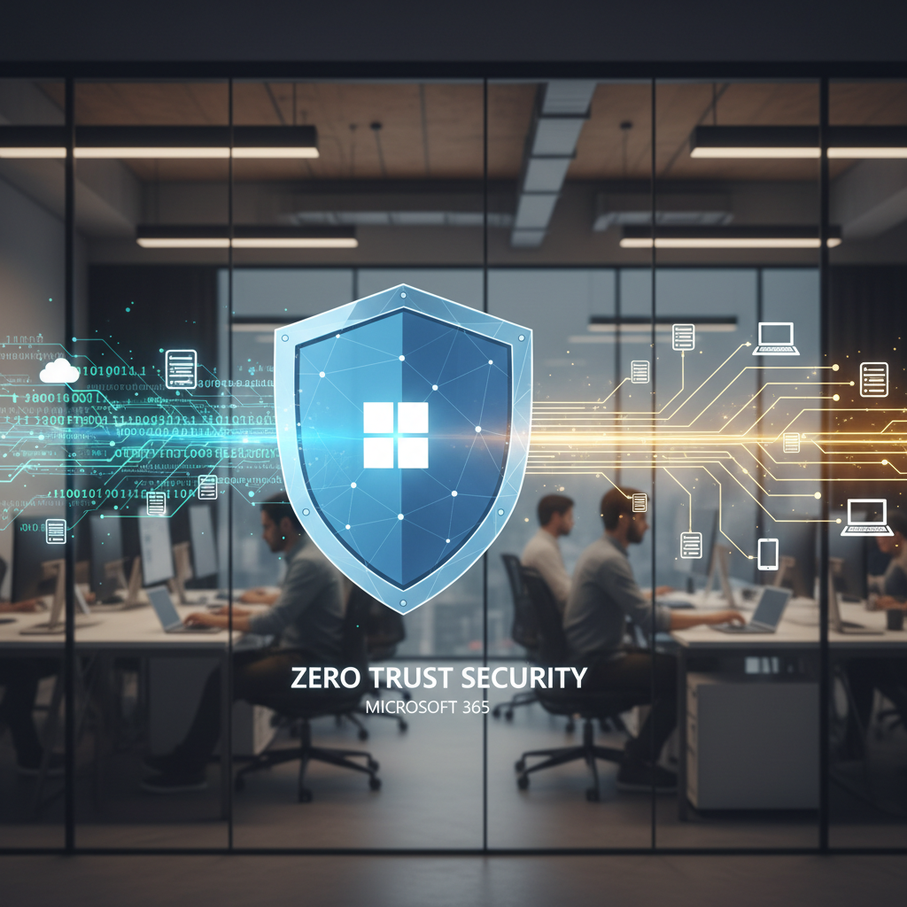 A graphic depicting a shield protecting data flowing through a network, symbolising the security provided by Zero Trust architecture. The shield incorporates the Microsoft 365 logo.