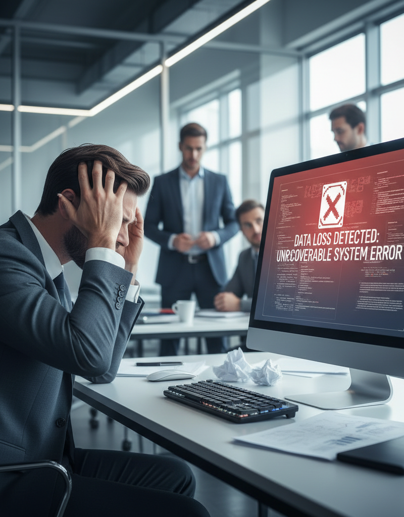 An employee looking stressed at their computer, symbolising the impact of data loss.