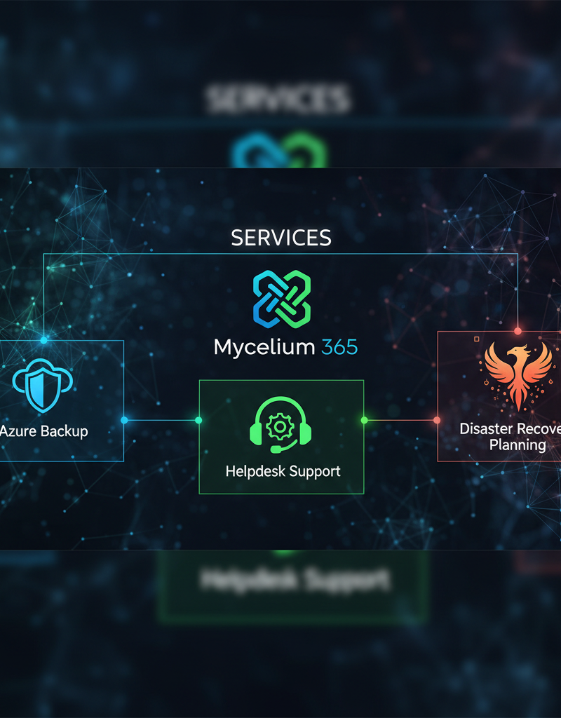 A graphic showing the Mycelium 365 logo and the various services offered, including Azure Backup, Helpdesk Support, and disaster recovery planning.