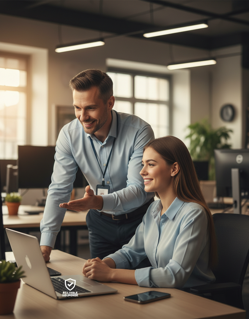 An image of a calm IT professional assisting a user, representing the peace of mind that comes with reliable helpdesk support.