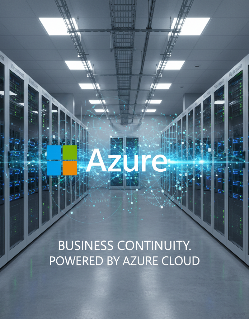 A server room with Azure logo overlayed, highlighting the transition to cloud-based solutions for business continuity.