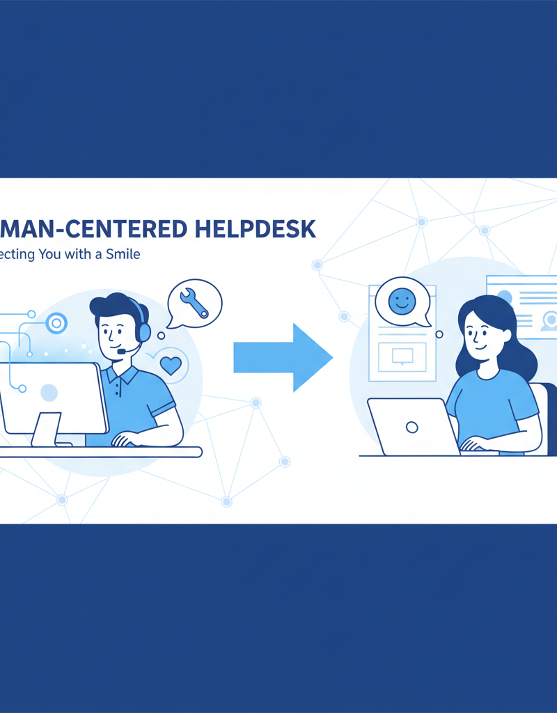 A friendly IT support specialist assisting a user remotely, emphasizing the human element of helpdesk support.