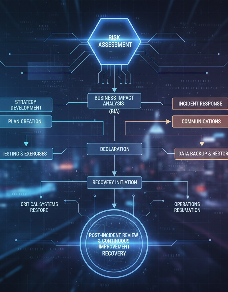 A flowchart illustrating the steps in a business continuity plan, from risk assessment to recovery.