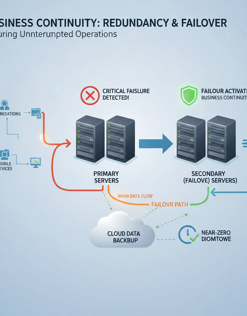 A network diagram illustrating redundant servers and data backups, highlighting the importance of failover mechanisms for business continuity.